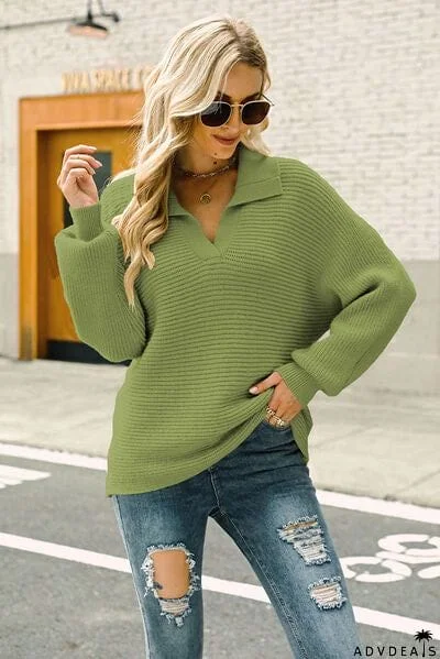 Ribbed Johnny Collar Pullover Sweater