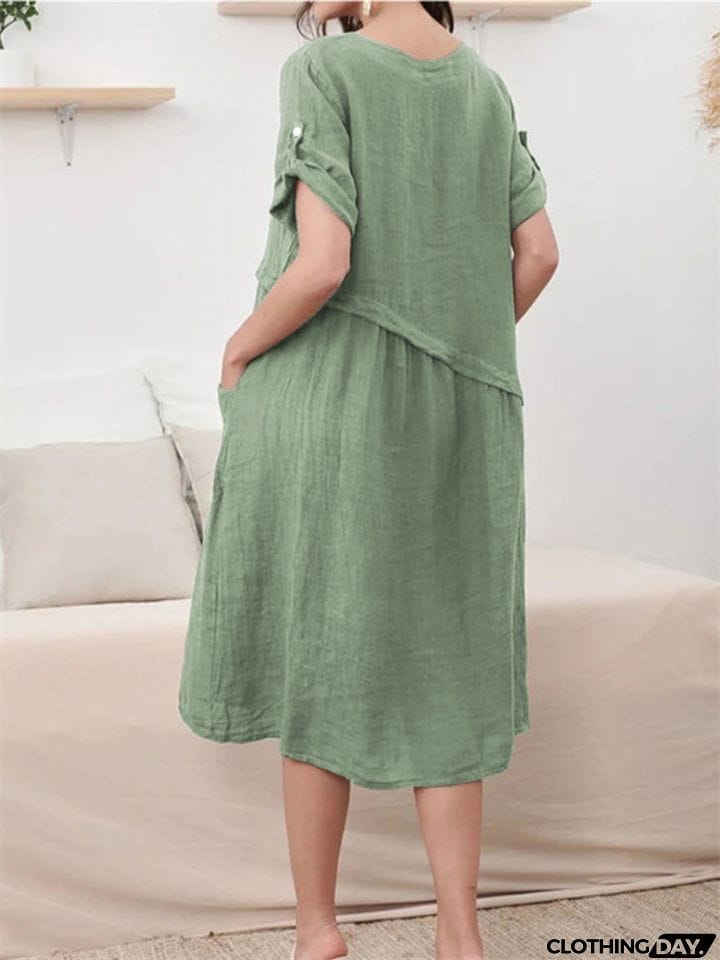 Simple Relaxed Plain V-neck Midi Dress for Women