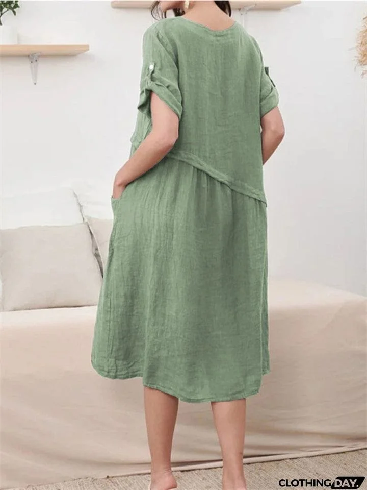 Simple Relaxed Plain V-neck Midi Dress for Women