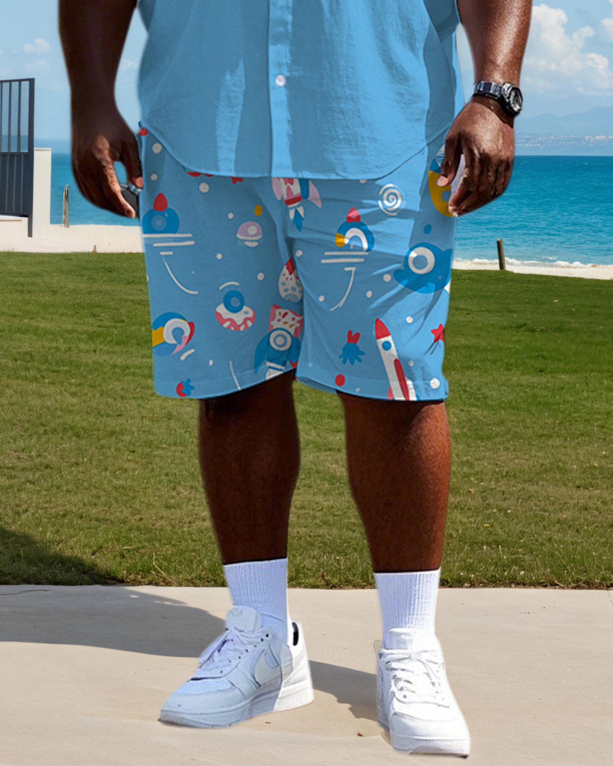 Big Men's Funny Cartoon Rocket Pattern Color Block Printed Short Sleeve Shirt Shorts Set