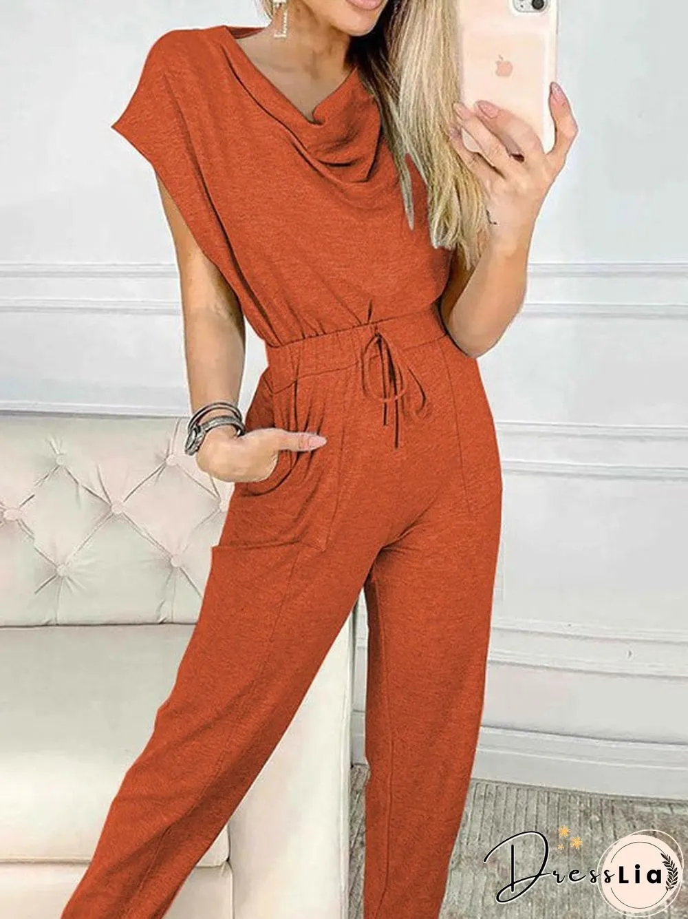 Women'S Jumpsuits Casual Pile Collar Belted Sleeveless Jumpsuit