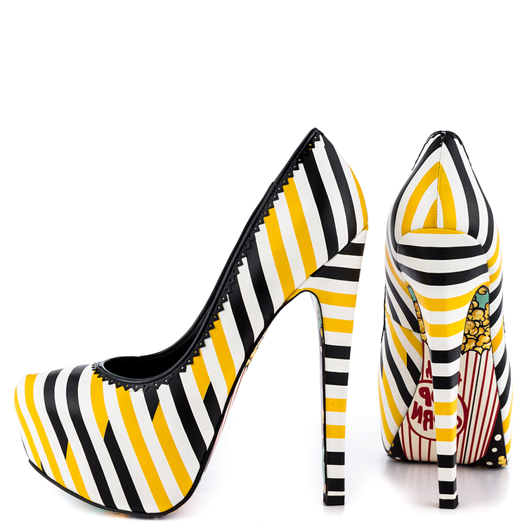 Yellow And Black Floral Print Platform Heels Almond Toe Stiletto Heels |FSJ Shoes