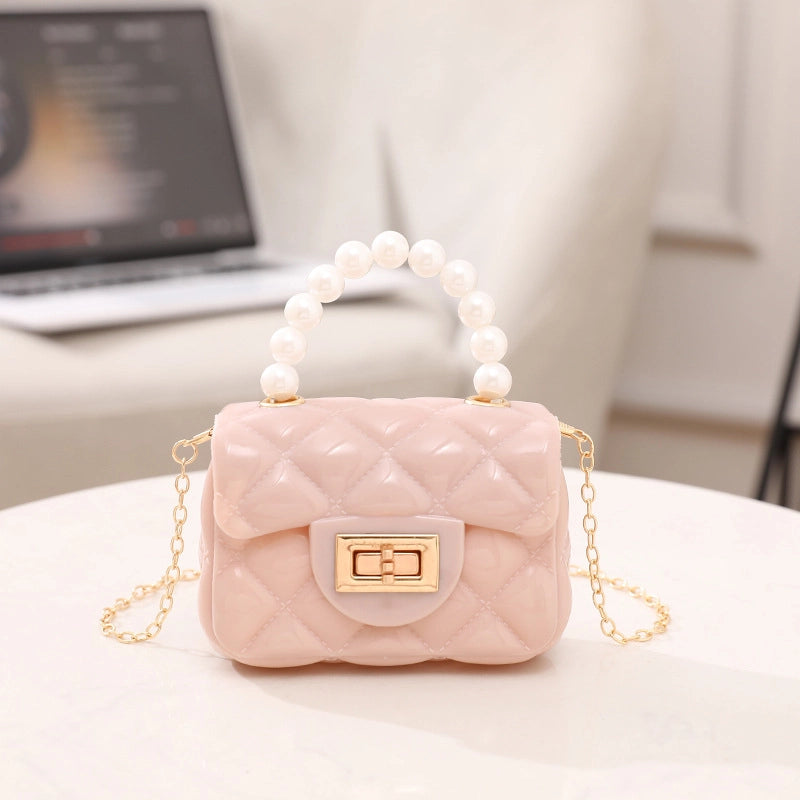 Women’s PVC Solid Color Cute Beading Pearls Square Lock Clasp Crossbody Bag