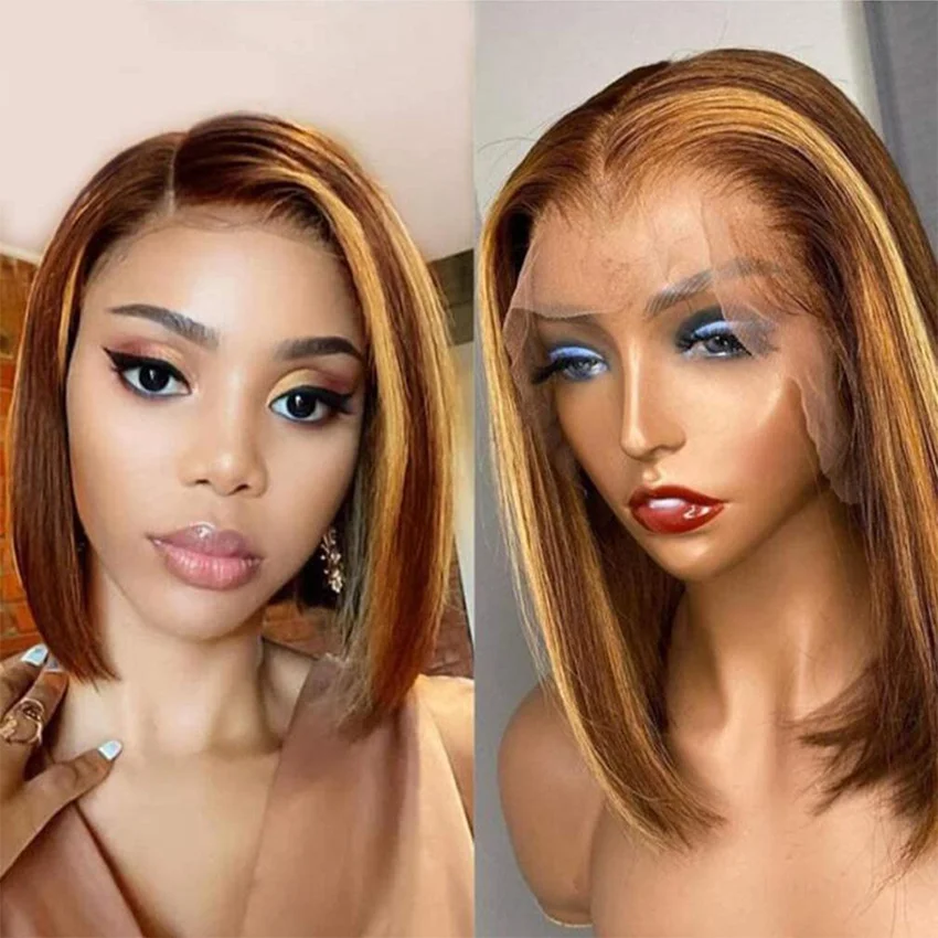 Short Brown Mixed Blonde Straight Wigs ELCNEPAL