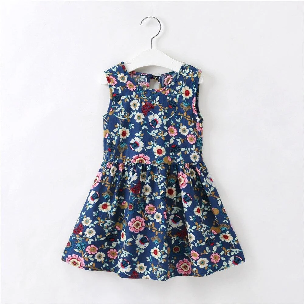Kids Dress Summer Girl Flower Print Bowknot Back Straps Princess Dress Children Sleeveless Cotton Dresses Baby Girls Clothes