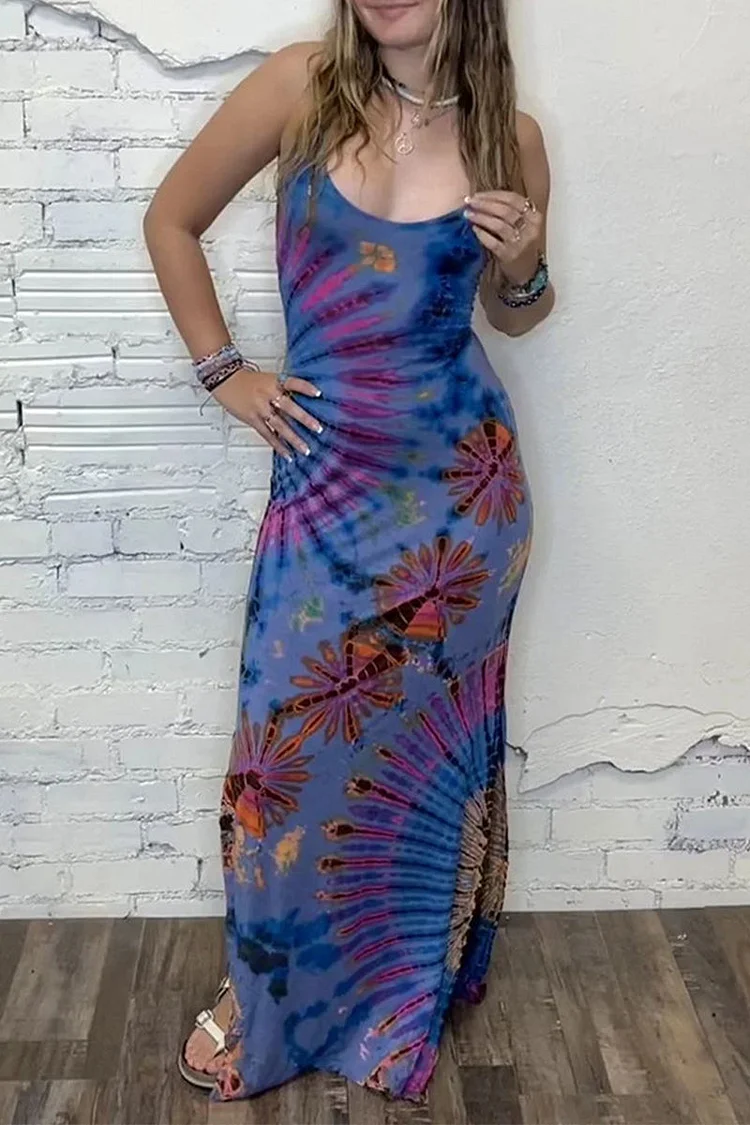 Sexy Vintage Print Tie Dye Backless Slit U Neck Sling Dress Dresses
