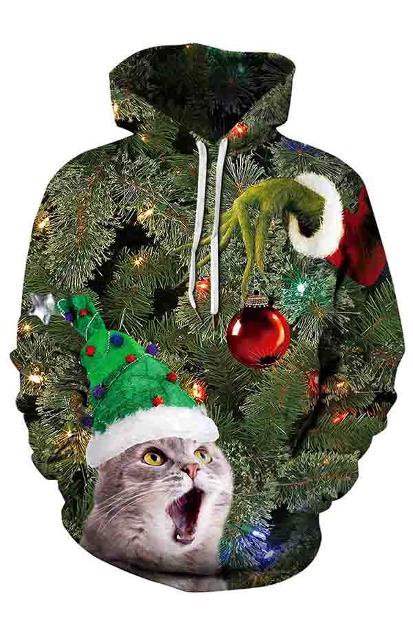 Unisex Cat Christmas Tree Print Long Sleeve Pullover Hoodie Olive-elleschic