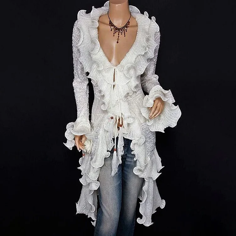 Fashion Ruffled Deep V Neck Long Sleeve Mid-Length Blouse