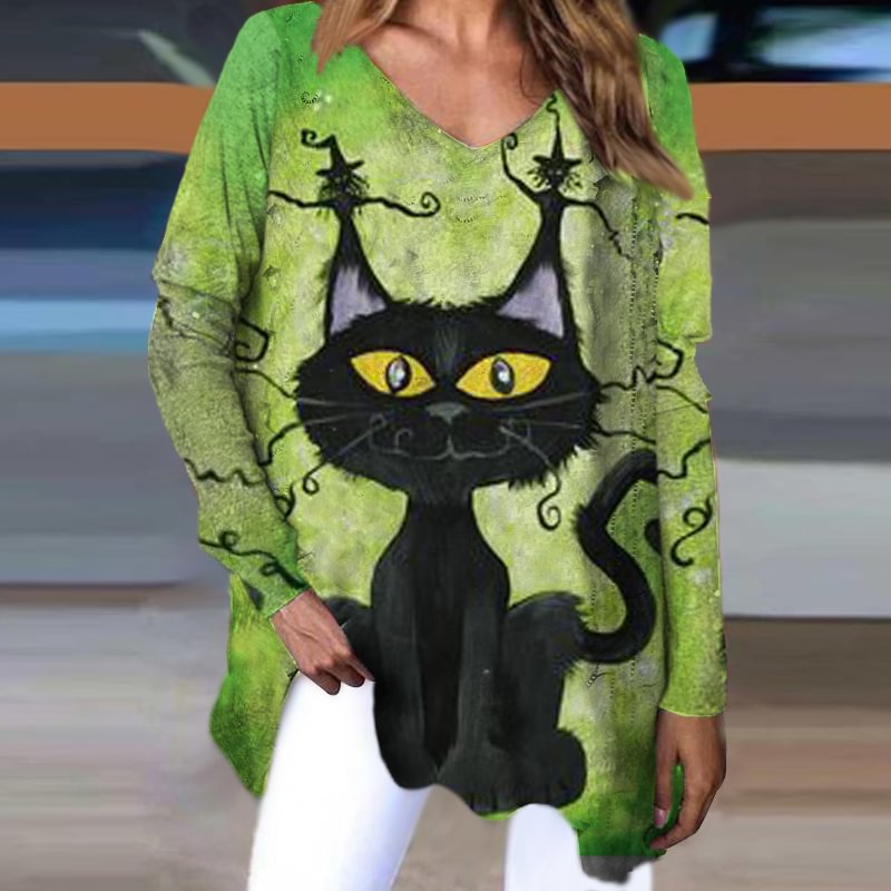 Funny Black Cat Print Streetwear V-neck Long Sleeve Tee