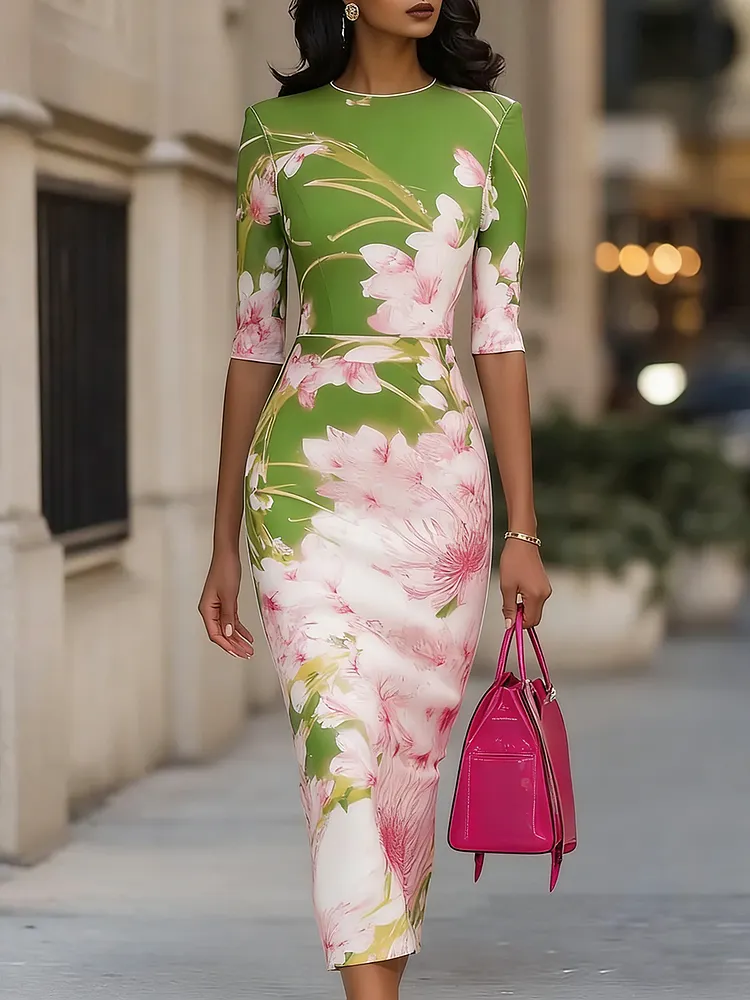Elegant Party Vacation Floral Print Stretch Bodycon Dress