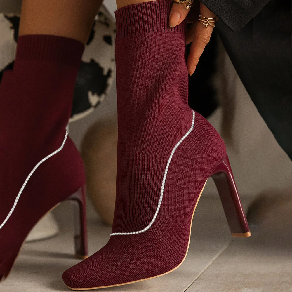 Dark Red Pointed Toe Sock Boots Classic Commuting Calf Booties Nicepairs