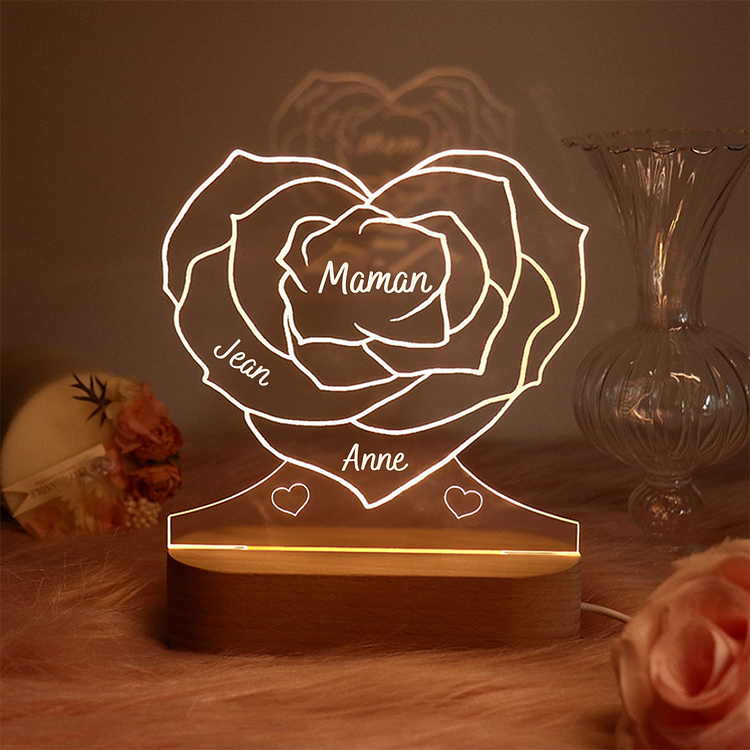 Lampe de chevet LED Rose 2 prénoms personnalisée avec texte Jessemade FR