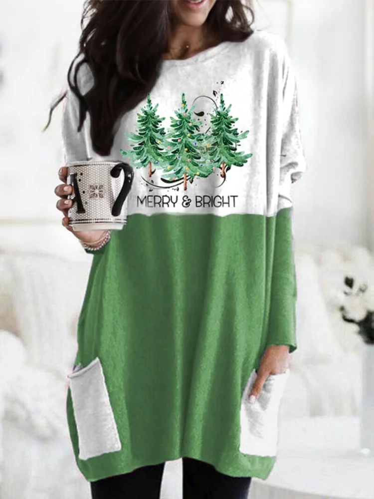 Wearshes Merry Christmas Tree Print Casual Colorblock Tunic