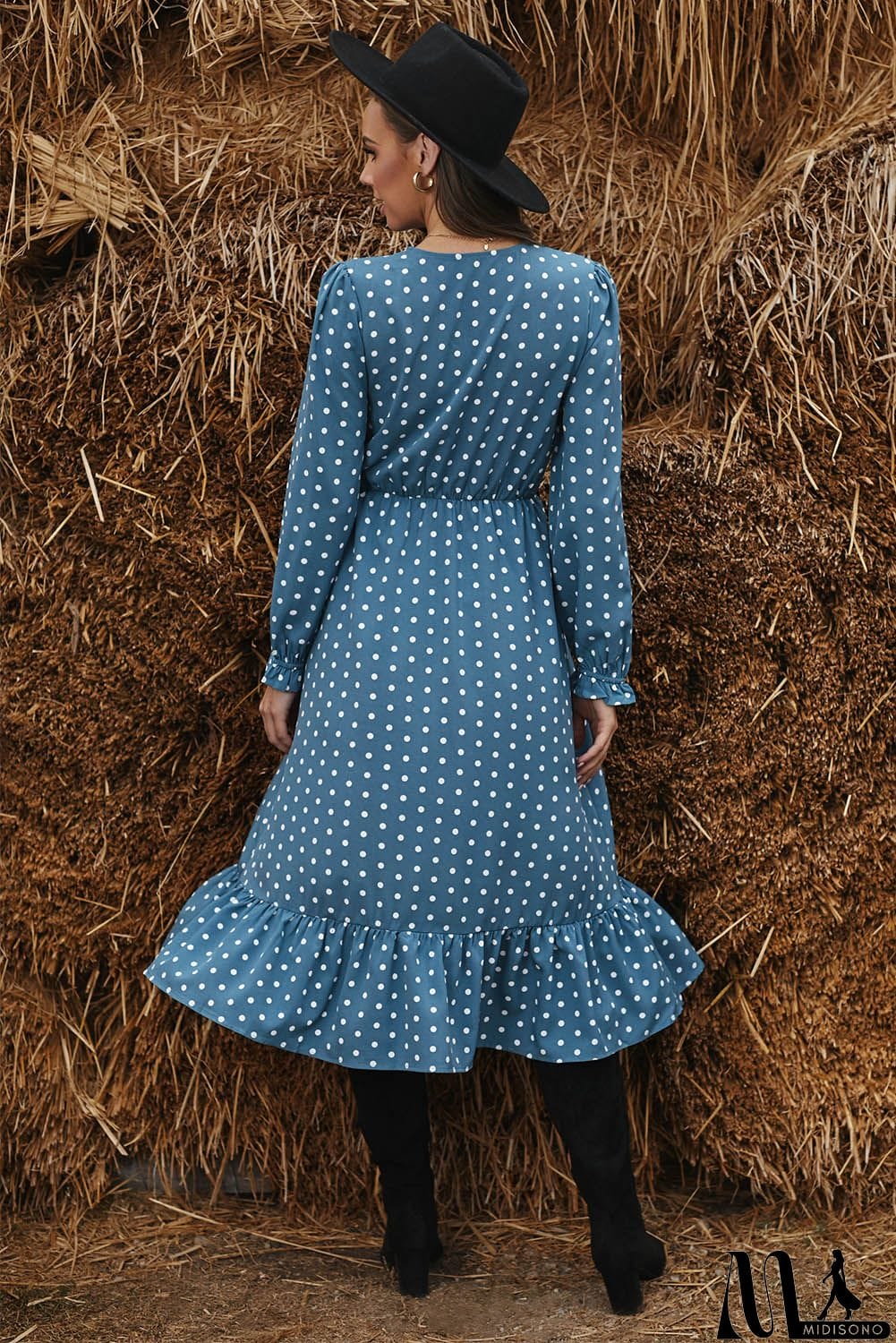 MidiSono - Blue Button Polka Dot High Slit Ruffled Long Sleeve Midi Dress