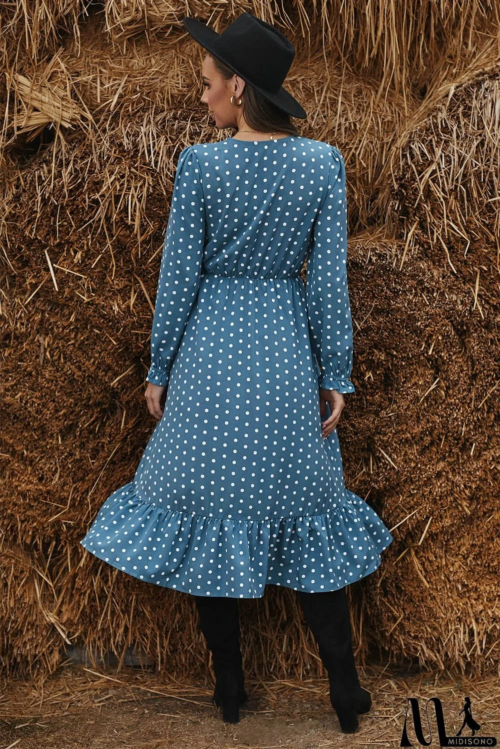 MidiSono - Blue Button Polka Dot High Slit Ruffled Long Sleeve Midi Dress