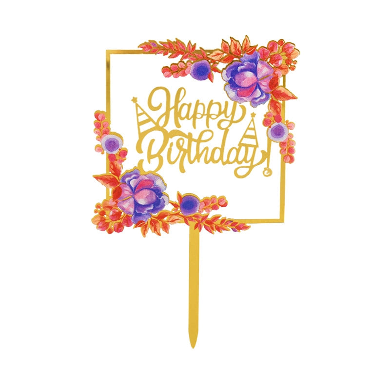 Acrylic Cake Topper Ins Style Floral Uv Color Printing Happy Birthday Dessert Decoration Plugin