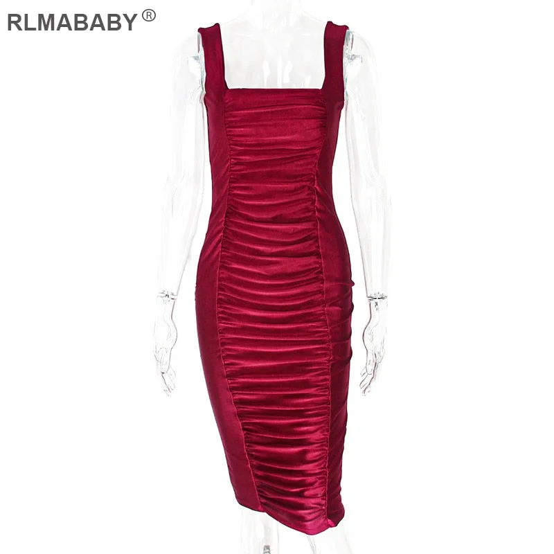 2021 Sexy Spring Summer Midi Ruched Dress Slim Squar Collar Sleeveless Women Bodycon Dress Elegant Club Night Party Tank Dress