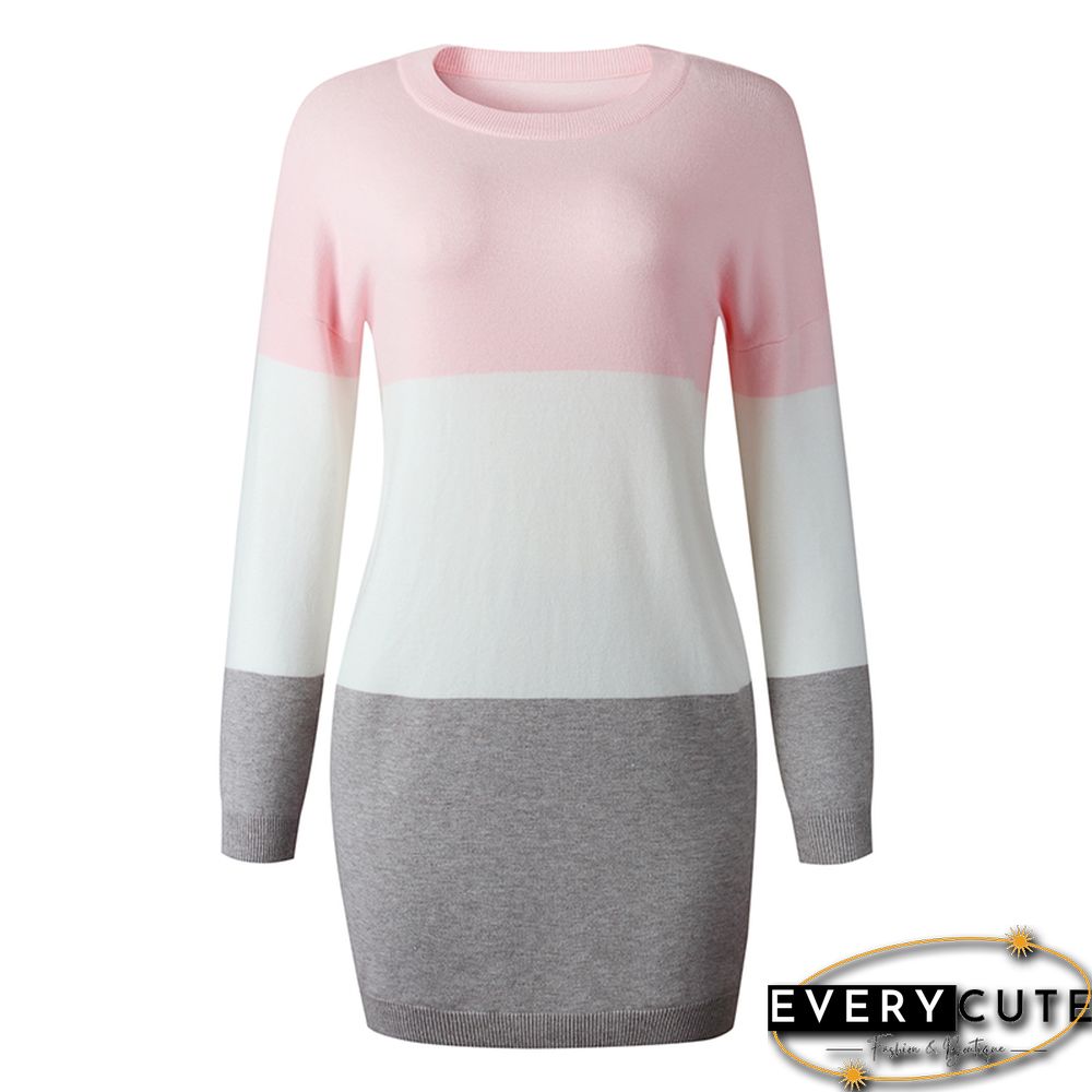 Pink Colorblock Long Sleeve Sweater Dress