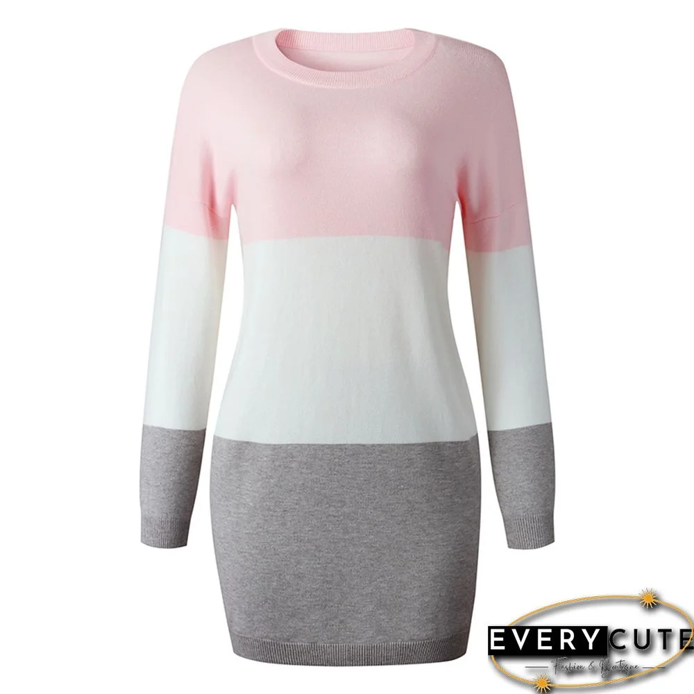 Pink Colorblock Long Sleeve Sweater Dress
