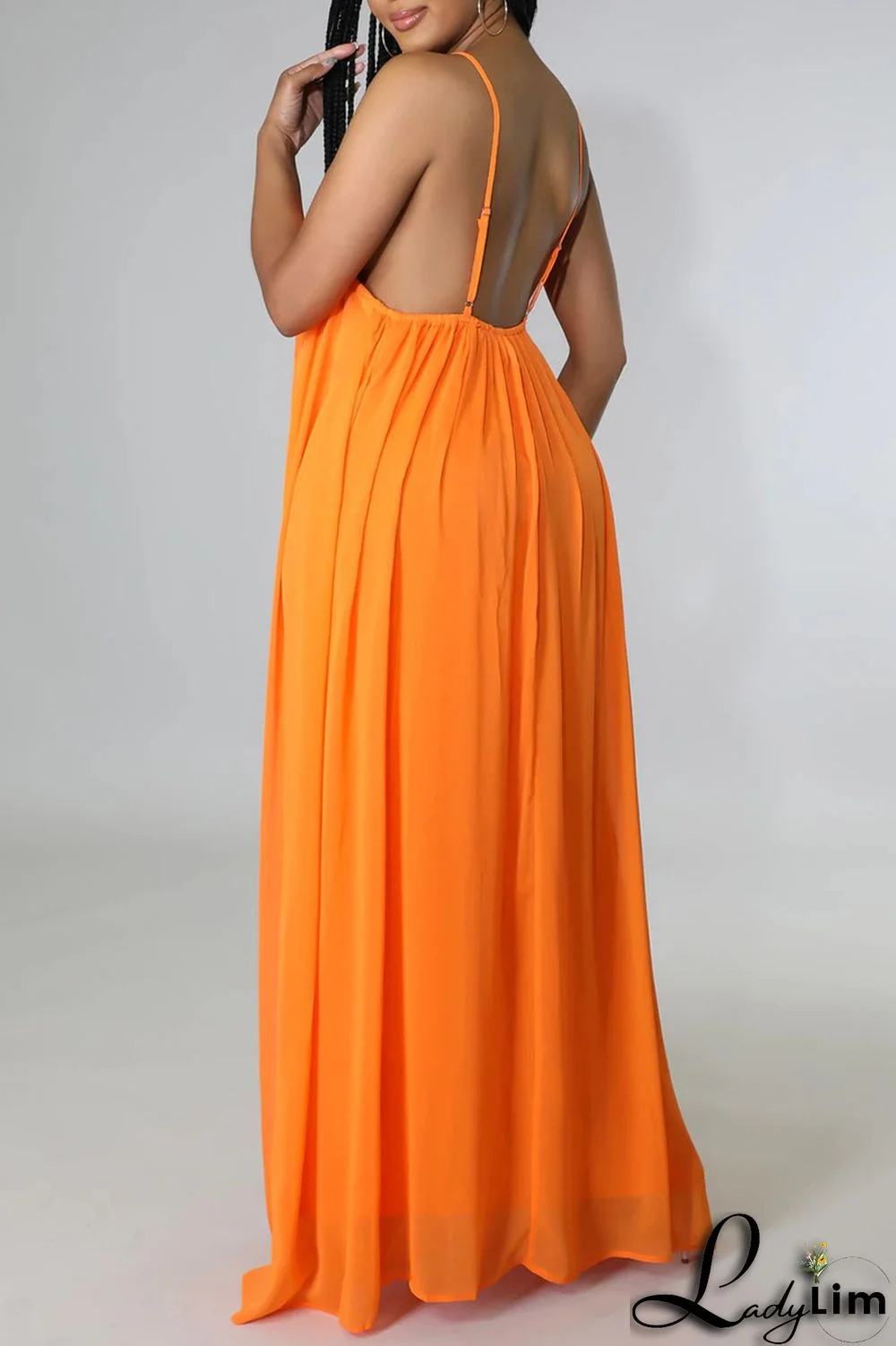 Orange Red Casual Solid Split Joint Backless Spaghetti Strap Sling Dress Dresses