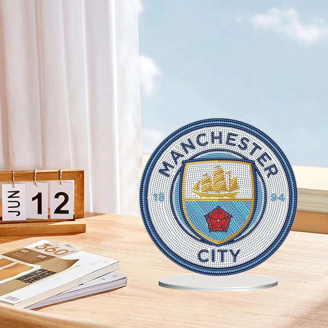 5D DIY Manchester City FC Acrylic Special Shape Diamond Painting Desktop Ornaments Stand Up 5D Gem Painting Crafts for Home Office Table Top Decor