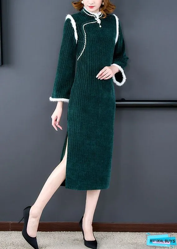 Unique Green Patchwork Side Open Thick Velour Maxi Dress Long Sleeve