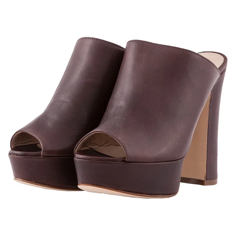 Women's Burgundy Peep Toe Chunky Heel Platform Mules |FSJ Shoes