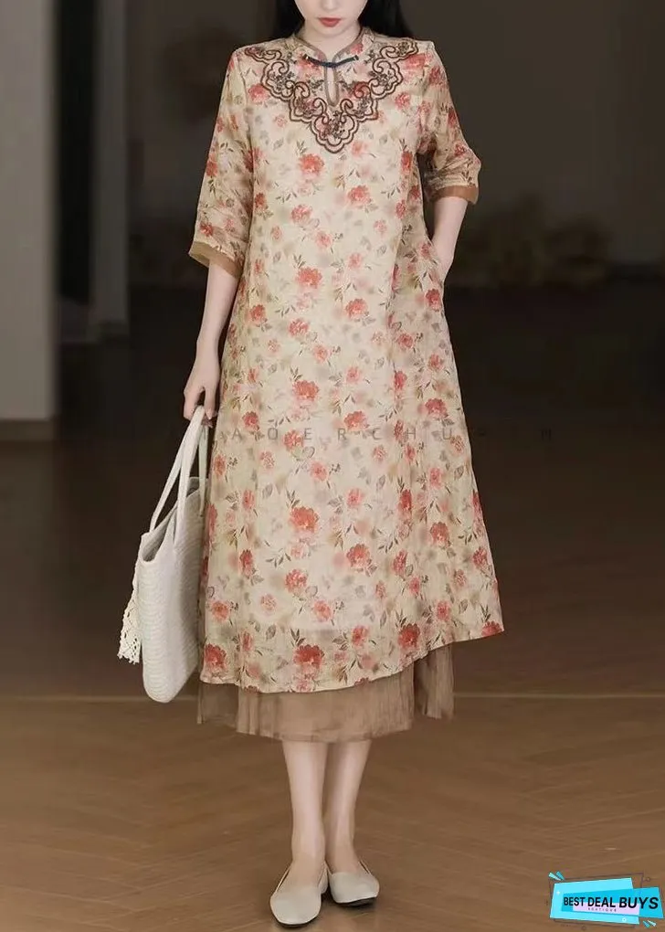 Women Apricot Embroideried Print Patchwork Linen Dresses Half Sleeve