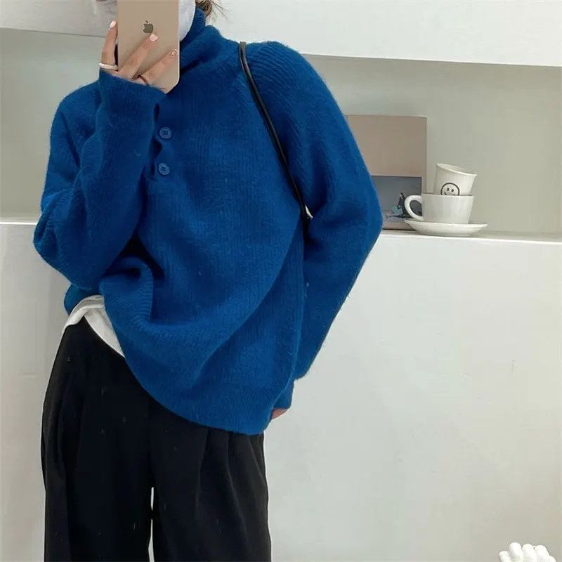 Churchf Churchf Autumn Winter Korean Version Loose Lazy Casual Collar Pure Color Button Design Niche Knit Sweater Woman