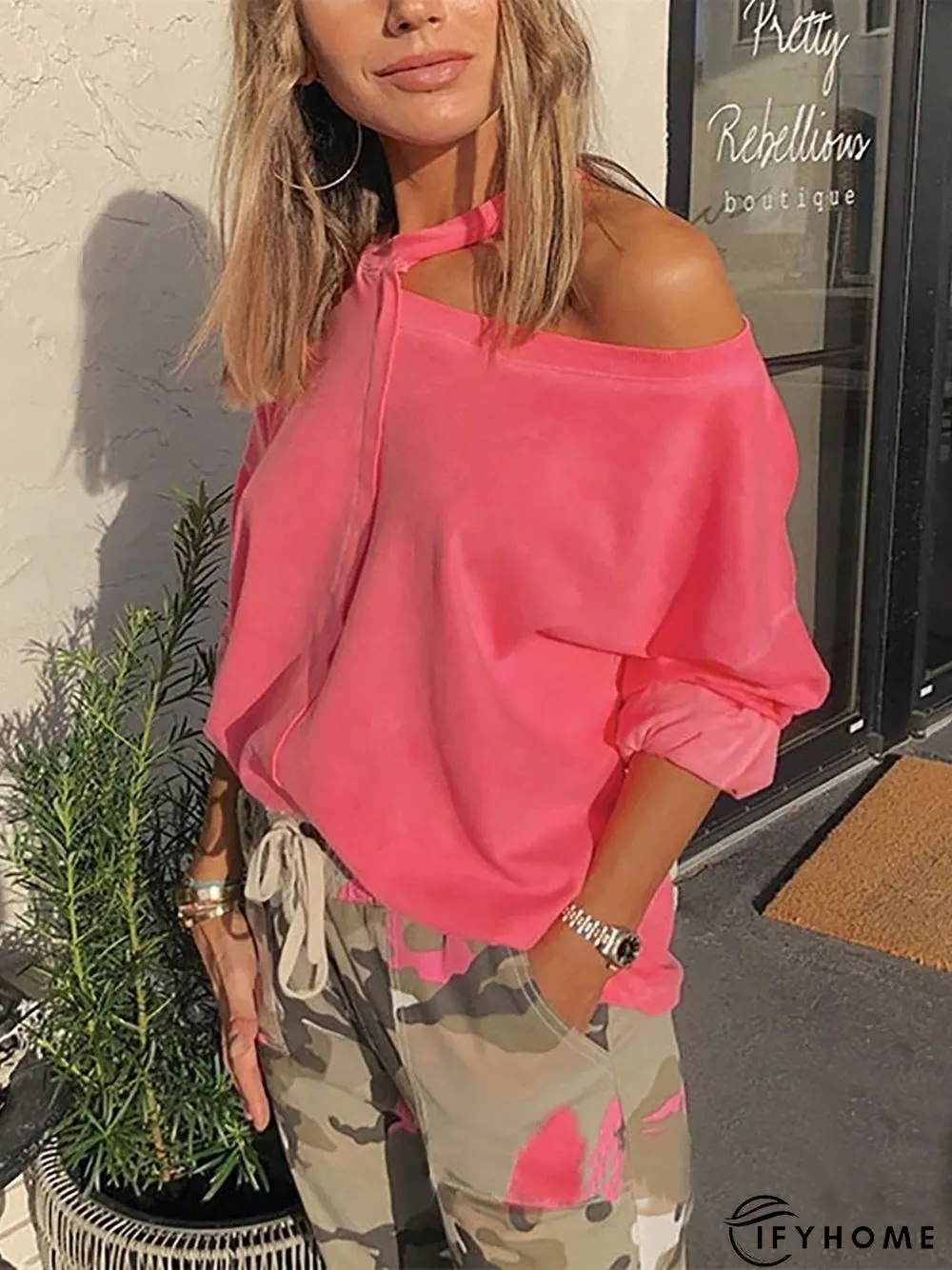 Asymmetrical Neck Long Sleeves Solid Long Sleeve T-shirt | IFYHOME
