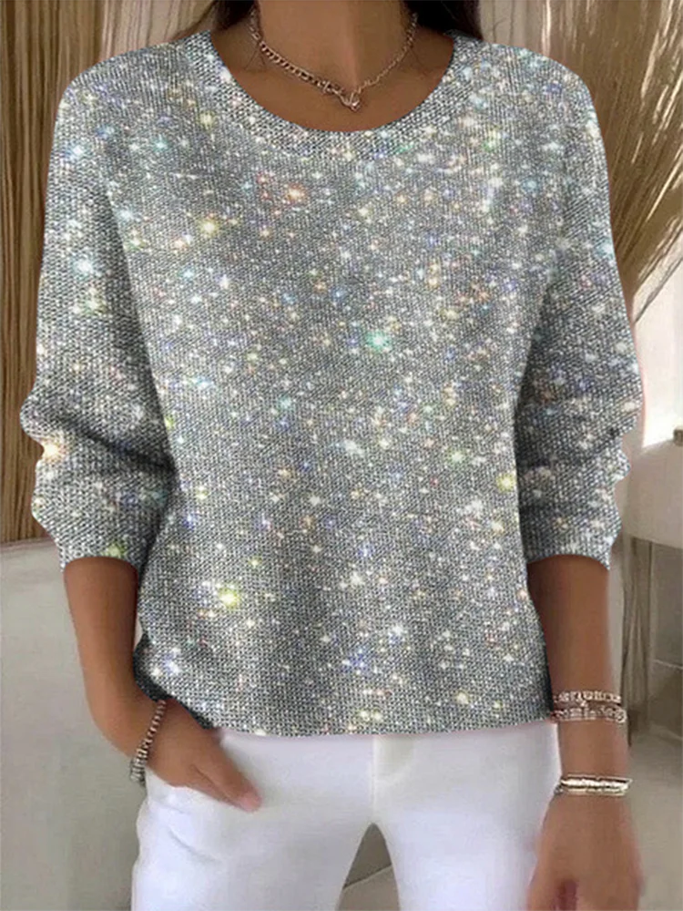 Women's Round Neck Silver Glitter Print Sweater Top socialshop