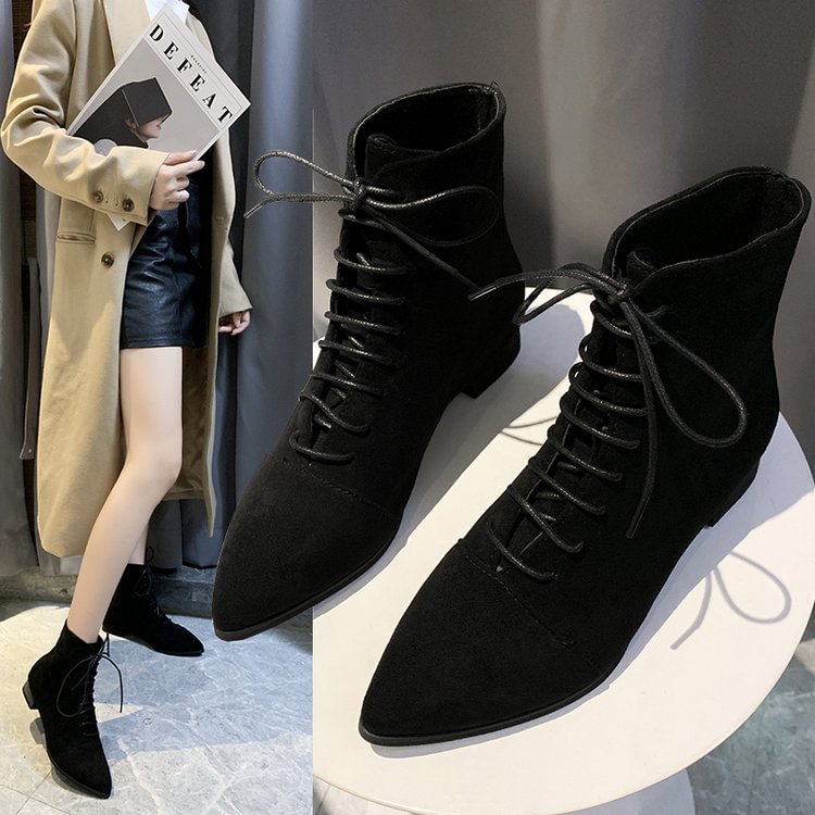 2020 new winter ladies pointed thick with wild black ankle boots female suede side with fashion lace short boots mujer