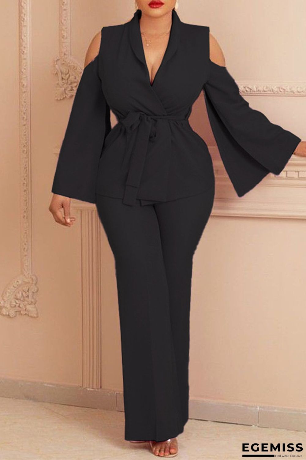 Black Fashion Casual Solid Hollowed Out Turndown Collar Long Sleeve Two Pieces | EGEMISS