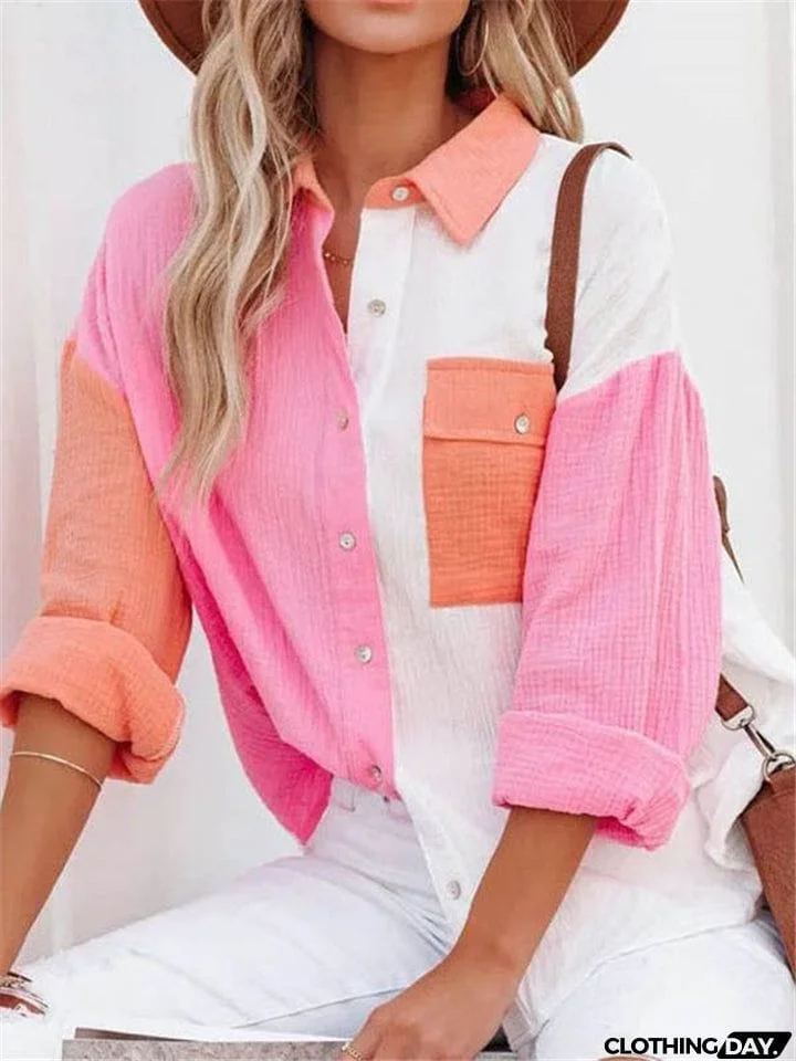 Women Lapel Buttons Long Sleeve Blouses With Pocket