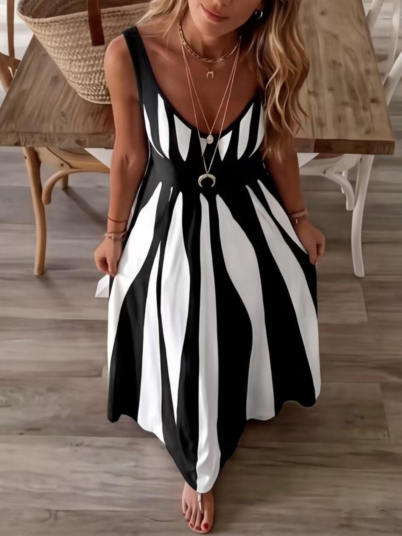 Summer New Arrival Women's Casual Sleeveless Striped V-Neck Long Dress, Sweet Style Elegance Loose-Fitting Daily Wear, Perfect for Outdoor Activities