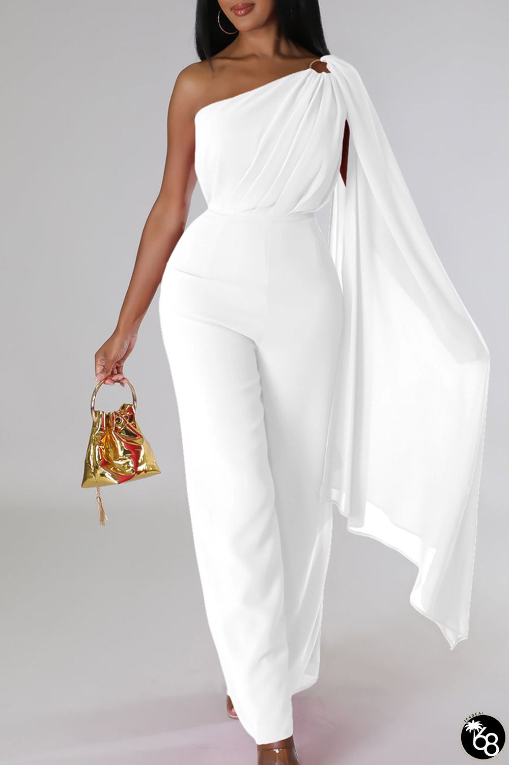 White Elegant Solid Patchwork One Shoulder Loose Jumpsuits | 168DEAL