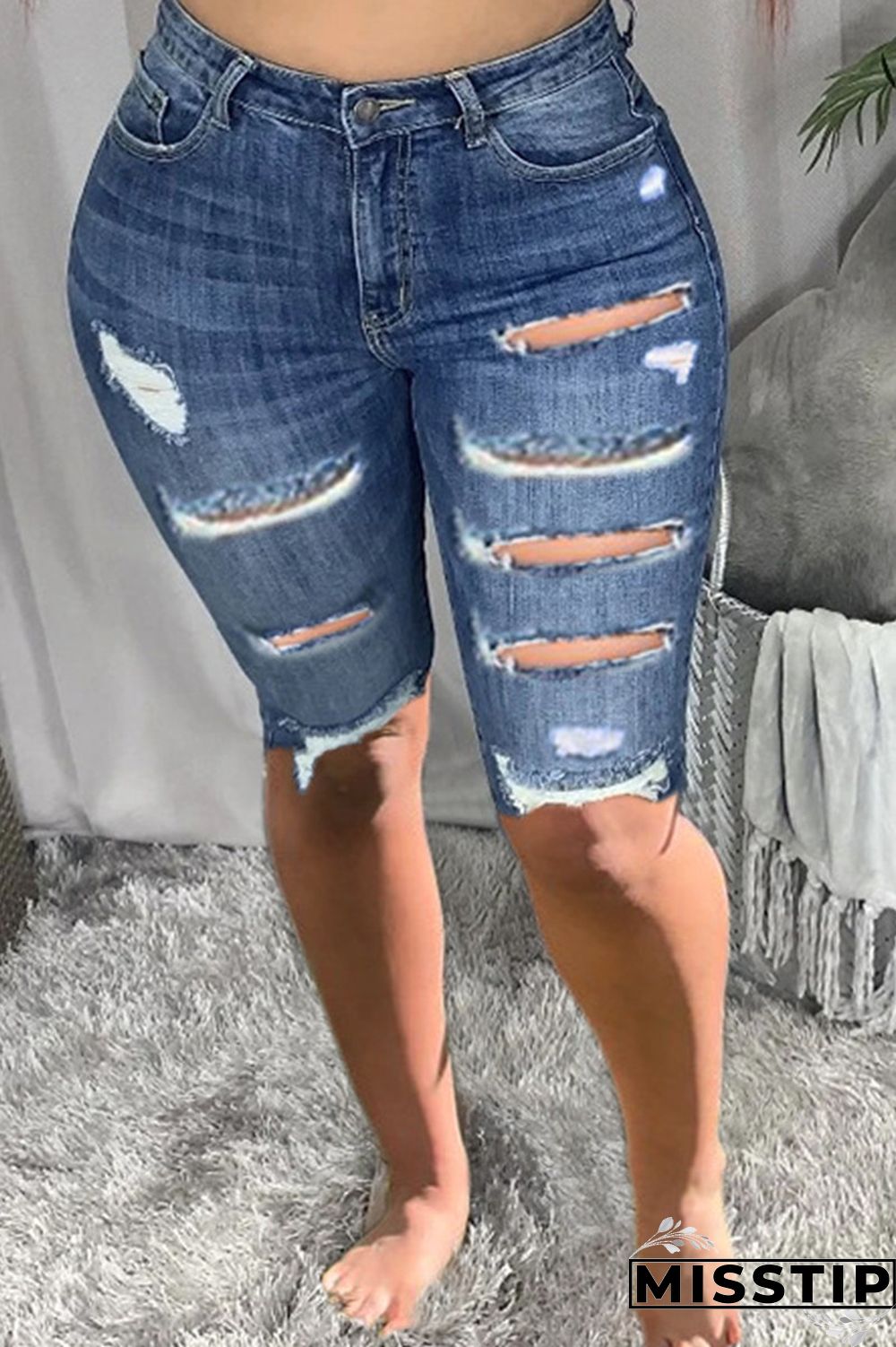 Dark Blue Fashion Casual Solid Ripped High Waist Regular Jeans