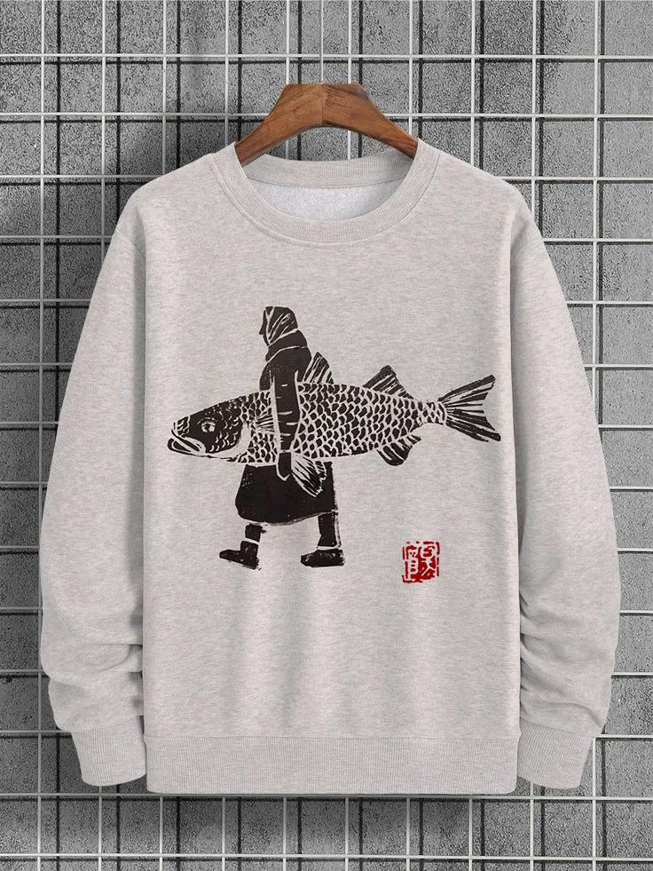 Men's Fishmonger Japanese Lino Art Print Casual Sweatshirt