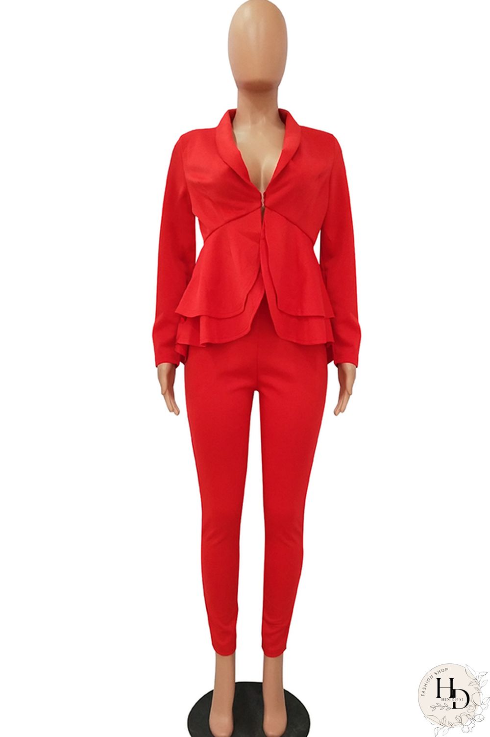 Black Casual Two Piece Suits Patchwork ruffle Solid pencil Long Sleeve