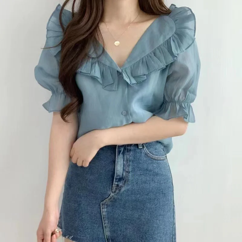 Uveng Uveng Chic Summer New Lotus Leaf Collar Age Sweet Elegant Temperament Bubble Sleeve Top Chiffon Shirt