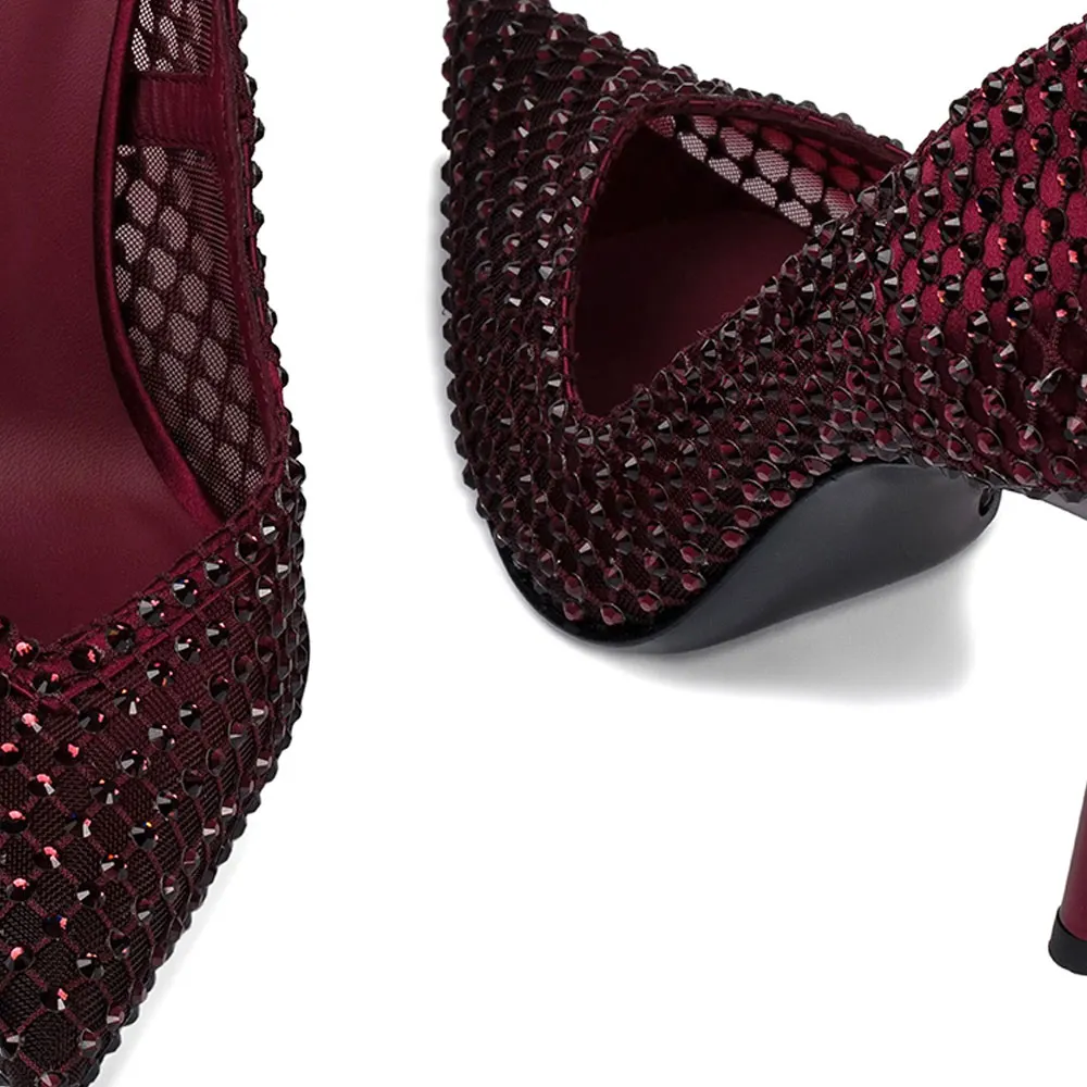 Women's Maroon Mesh & Satin Pointed Toe Rhinestone Pumps Heels