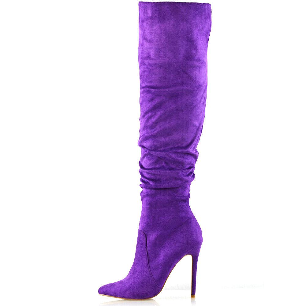 Purple Vegan Suede Stiletto Pointed Toe Over-the-Knee Slouch Boots