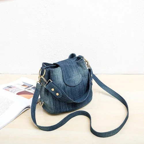 Casual Denim Bucket bag for women Shoulder Crossbody Bag Multiple pockets  ladies handbag Luxury design Female big Totes blue