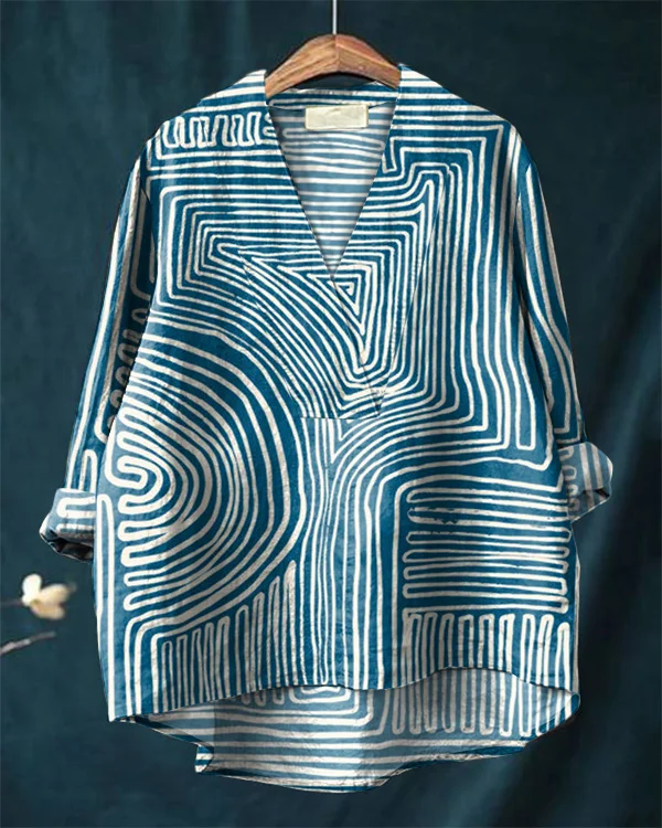 Vintage Abstract Pattern V-neck Cotton and Linen Shirt