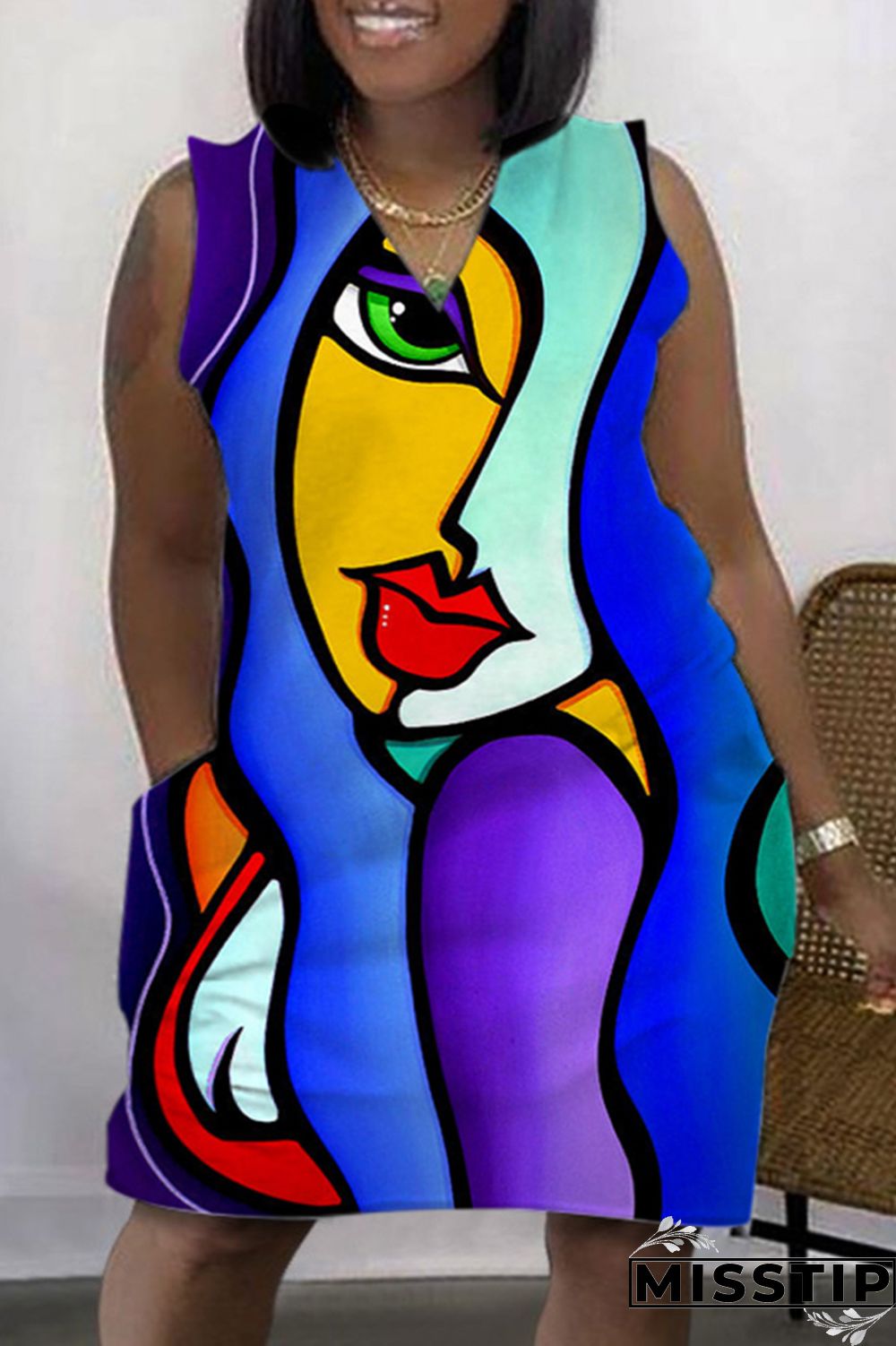 Green Fashion Casual Print Patchwork V Neck Sleeveless Plus Size Dress