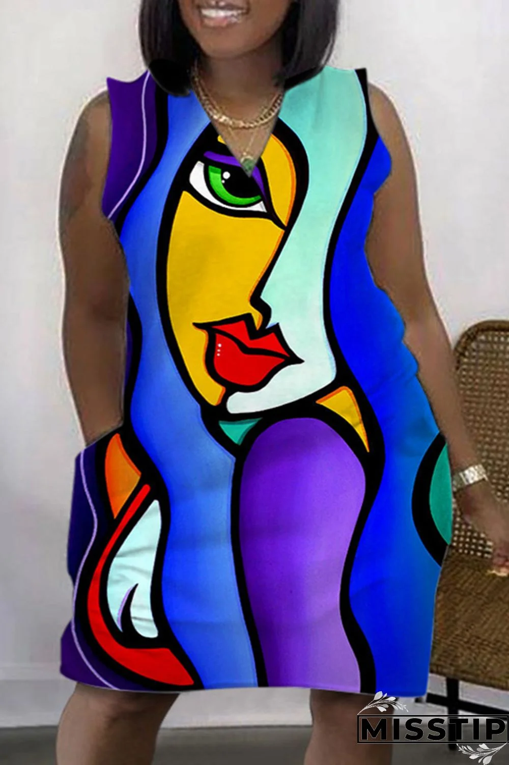 Green Fashion Casual Print Patchwork V Neck Sleeveless Plus Size Dress