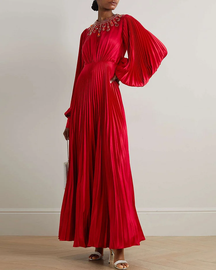 Crystal-embellished pleated silk-satin gown