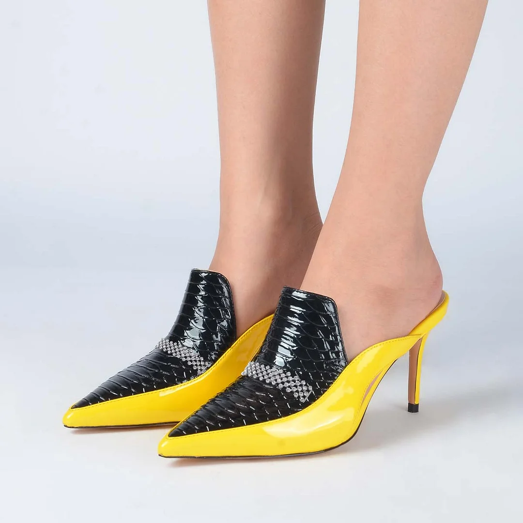 Yellow And Black Pointed Toe Mules Crocodile Print Stiletto Heels