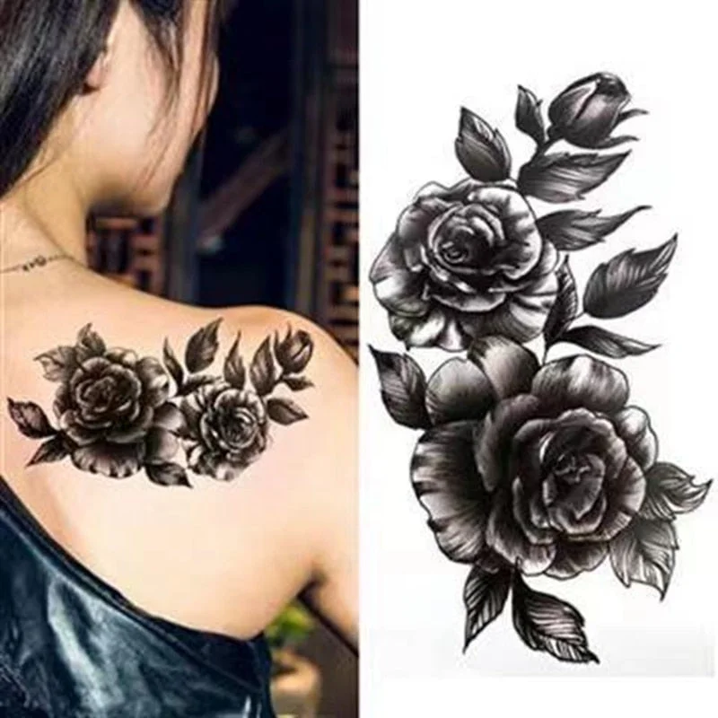 Dark Flower Temporary Tattoo Female Waterproof Sexy Gothic Clavicle Water Transfer Art Fake Tattoos Arm Chest Tattoo Stickers