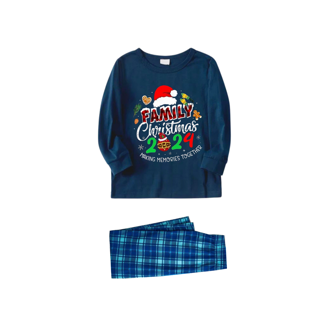 Family Christmas 2024 Making Memories Together Text Print Blue Long Sleeve Top With Blue Plaid Family Matching Pajamas